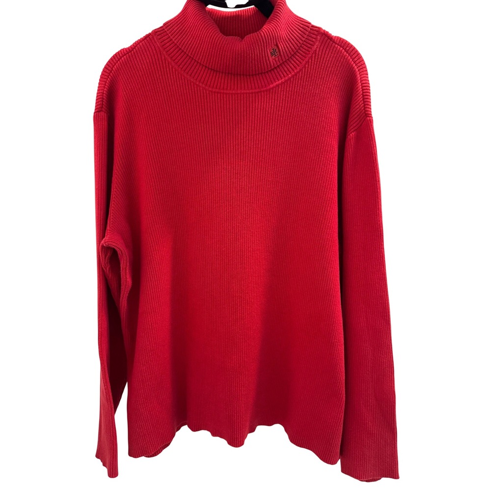 Lauren Ralph Lauren Turtleneck Women 3X Red Ribbed Cotton Knit Sweater Preppy